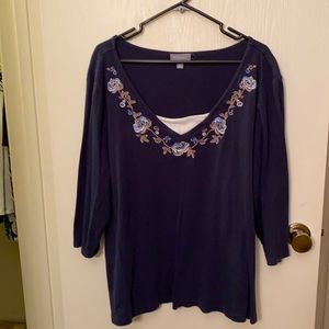 Navy Blue Floral Mock Layered 3/4 Sleeve Shirt 100% Cotton